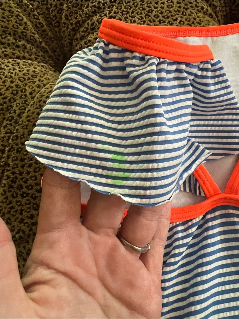 Mini Boden Girls One-Piece Swim - Navy & White Stripes with Orange Trim